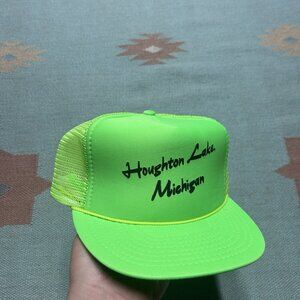Vintage trucker hat mesh cap Houghton Lake Michigan neon green hi vis snap